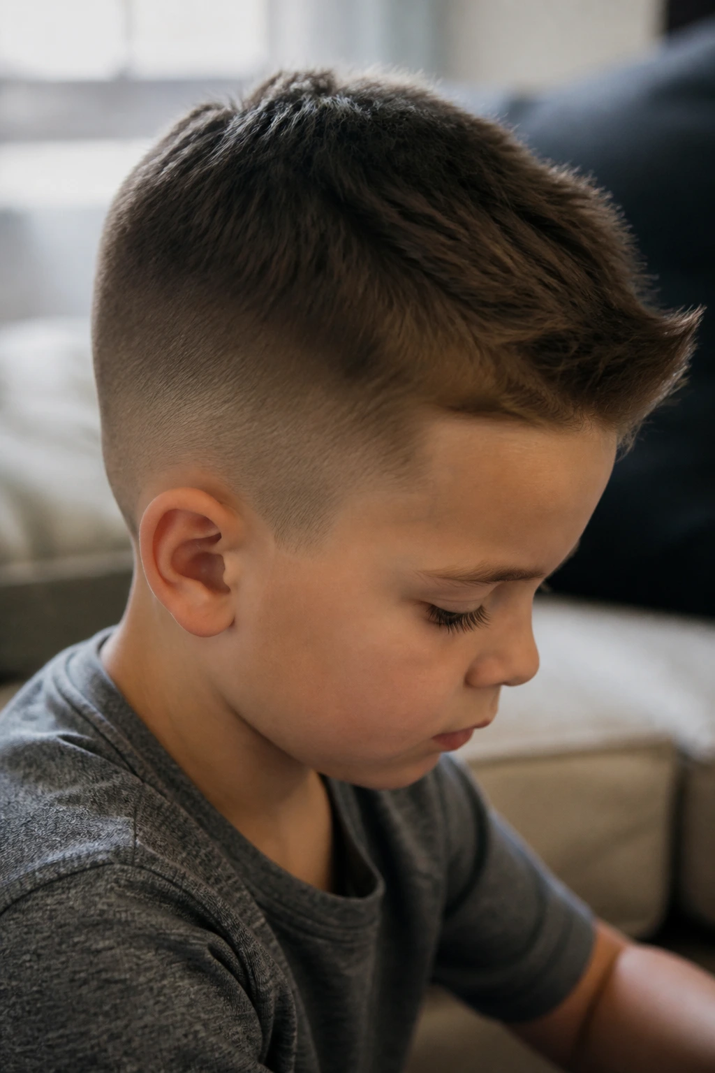 Child with neatly kept haircut between trims in a home environment