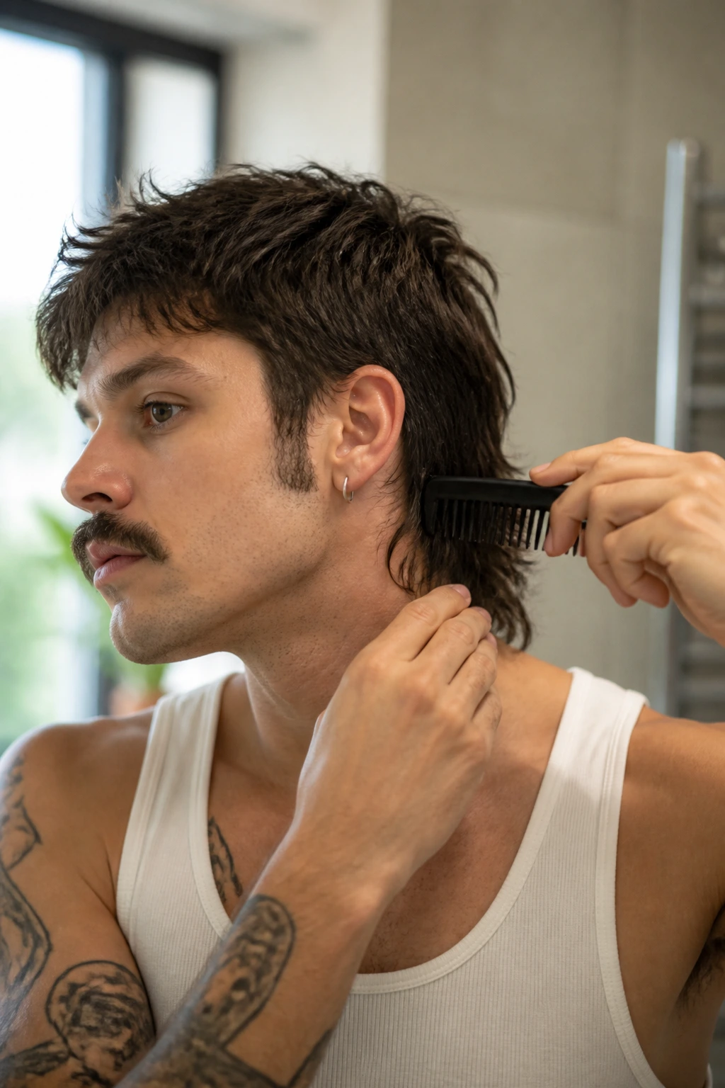 Person grooming mullet with comb in bright bathroom