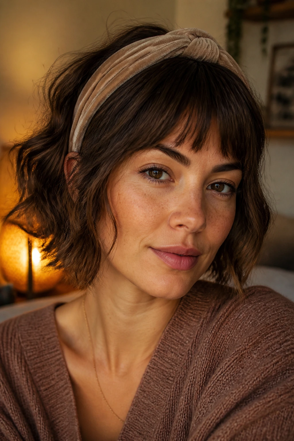 Brunette shaggy bob kept in shape between trims with bangs pinned back