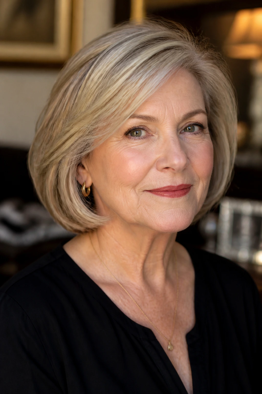 Close-up of an older woman with a tucked-under bob hairstyle