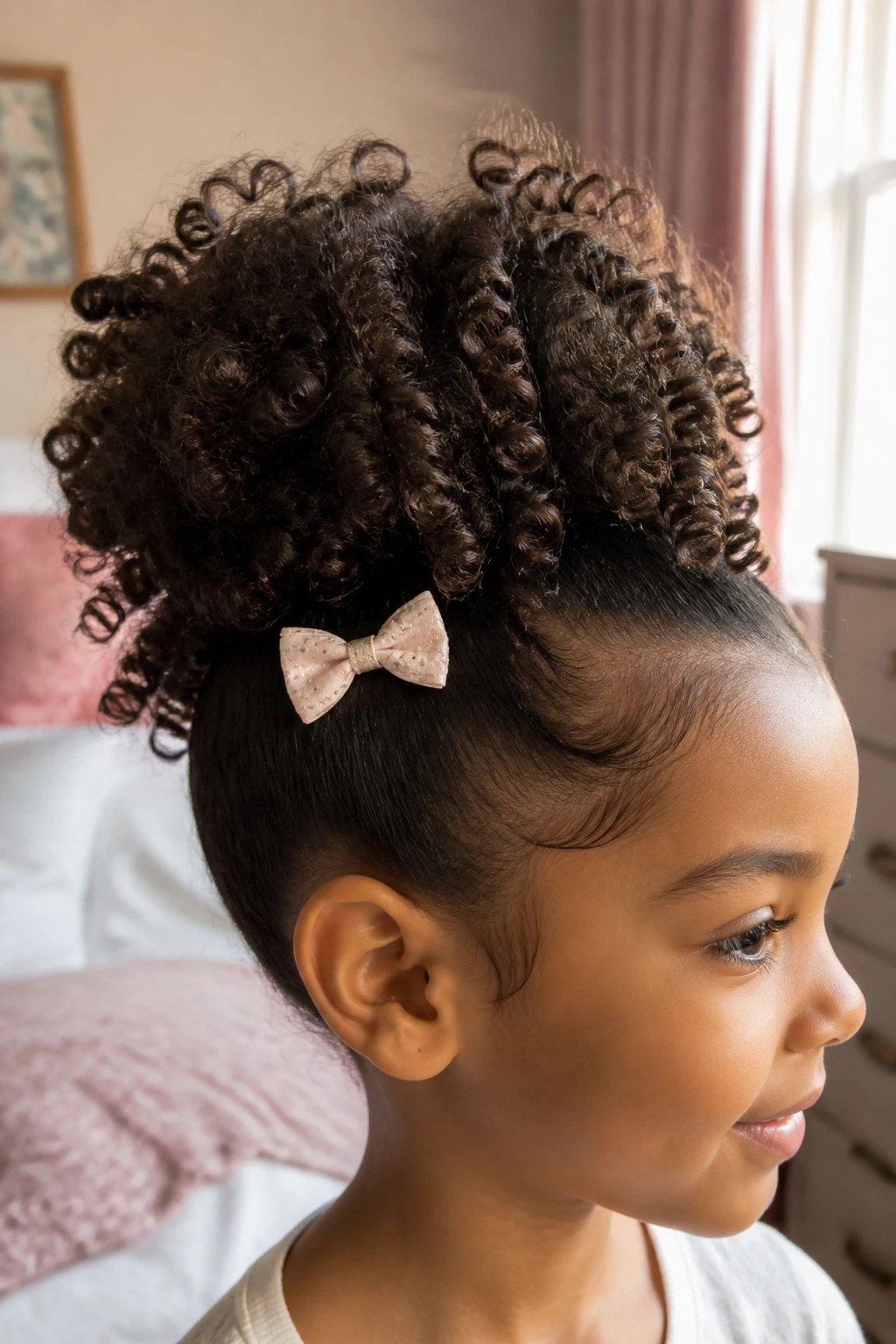 Close-up of a child’s curly hair with a bow above the puff for a polished look