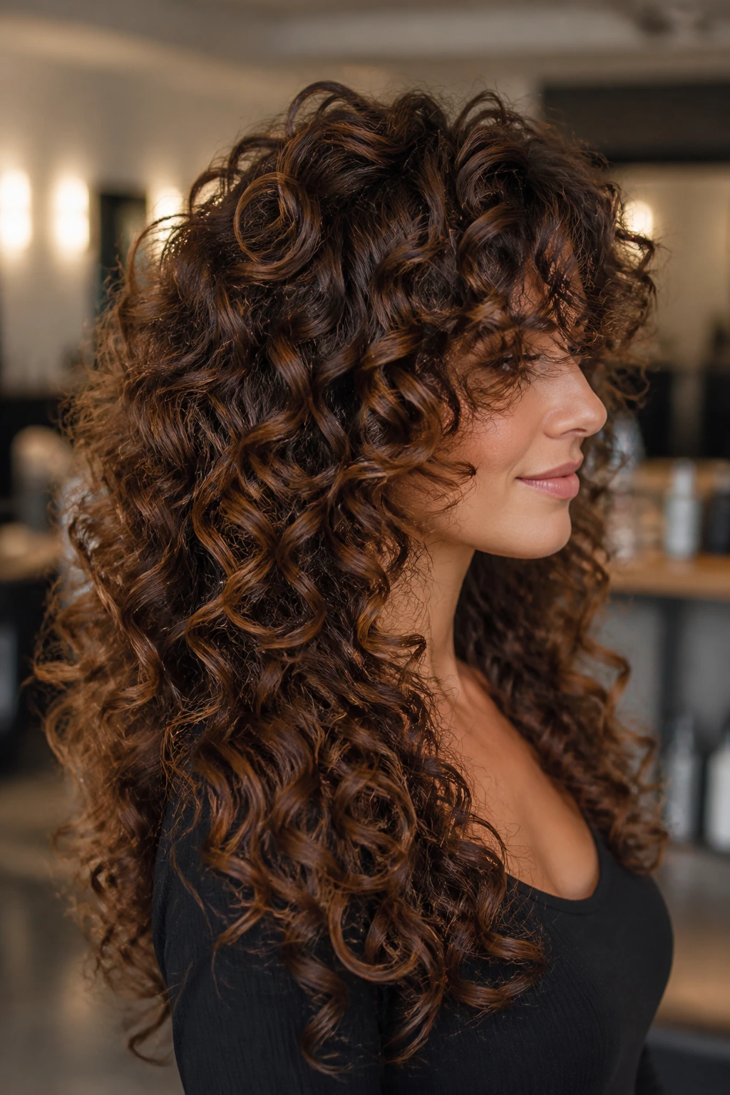 Close-up of a real person with lifted crown and defined curls