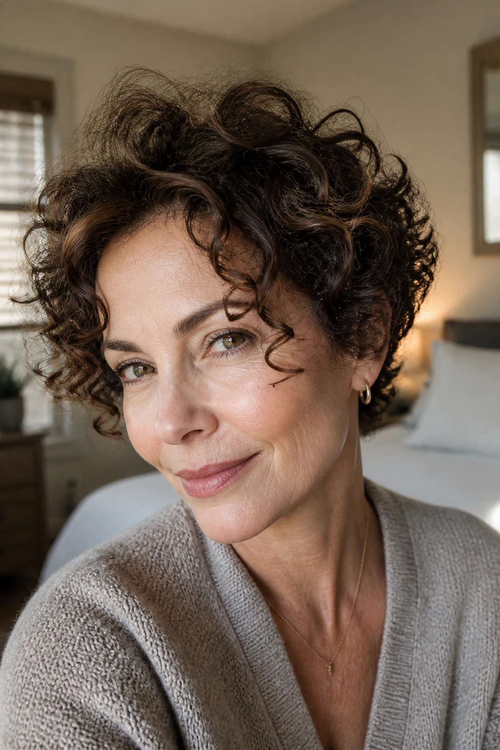 Close-up of a real woman's short curly hair with crown lift and face-framing curls in warm window light