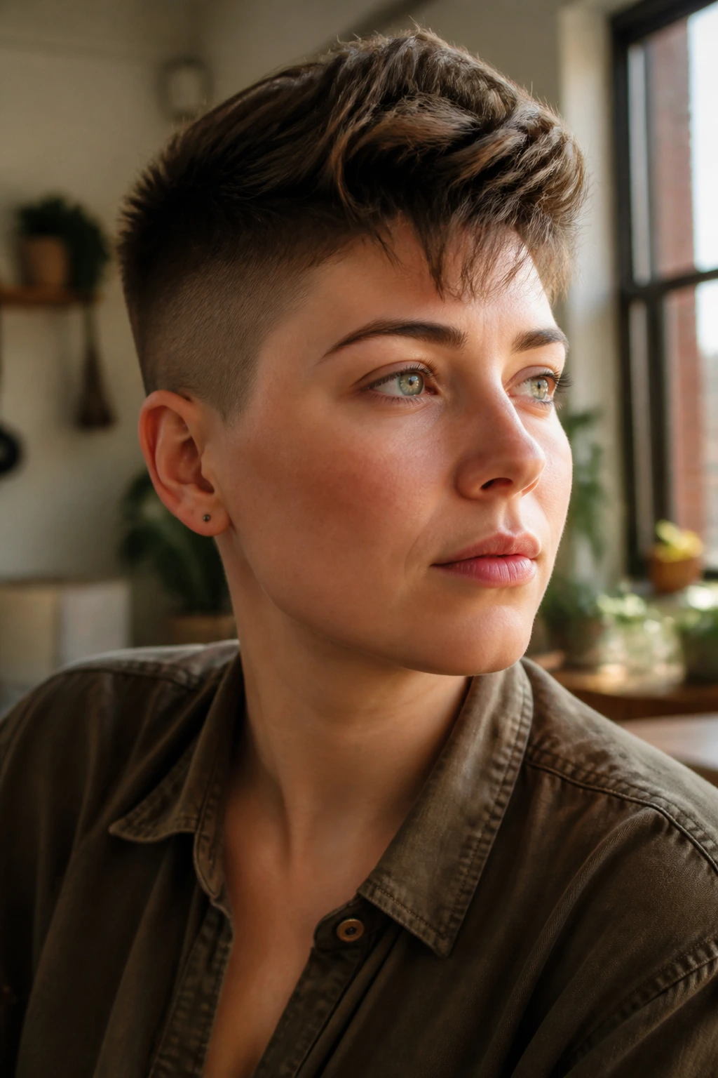 Close-up of a real person with tight sides, crown lift, and lifted fringe altering silhouette