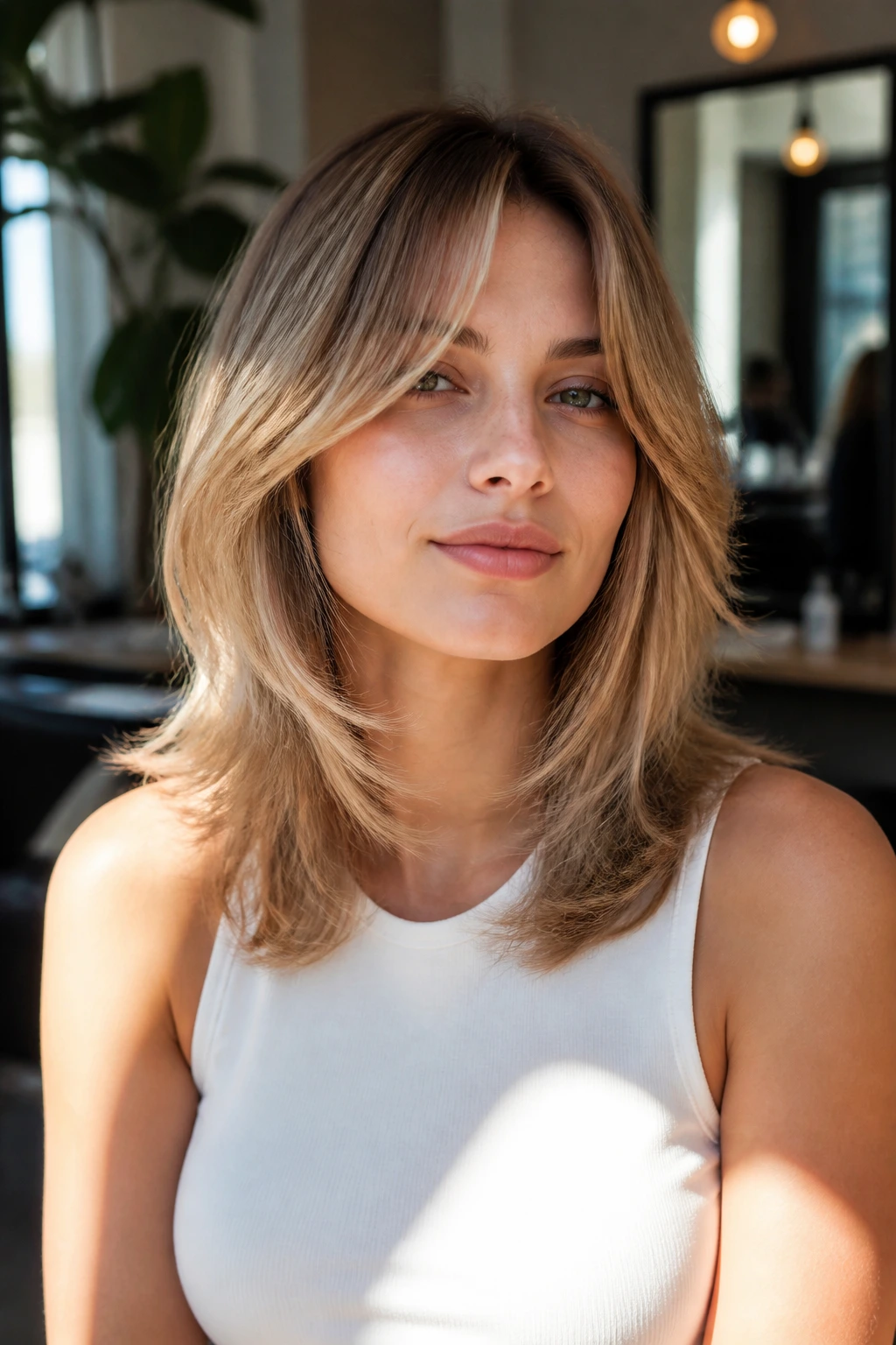 Portrait of client with shoulder-length feathered hair discussing shape in a salon