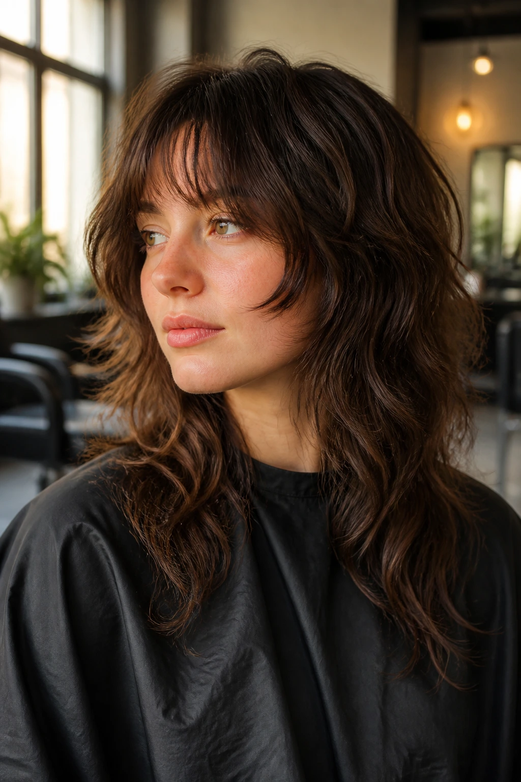 Real client in salon chair with wolf cut, suggesting a shape consultation