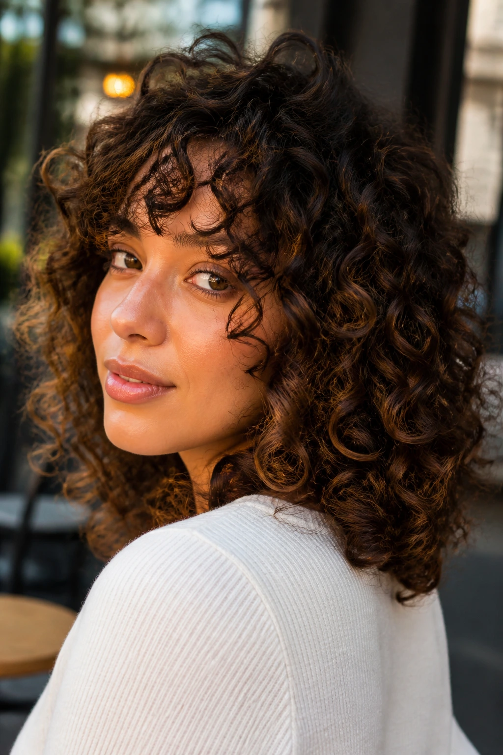 Portrait of a woman with geometric curly layers outdoors during golden hour