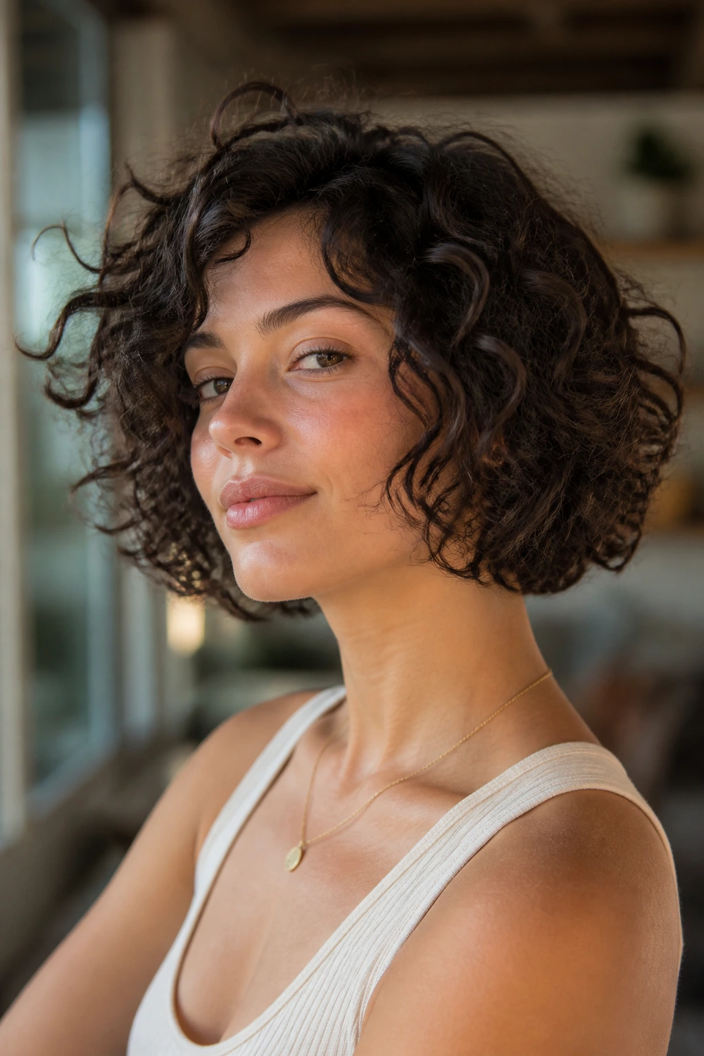 Close-up of real woman with short curly bob showing shape retention under movement