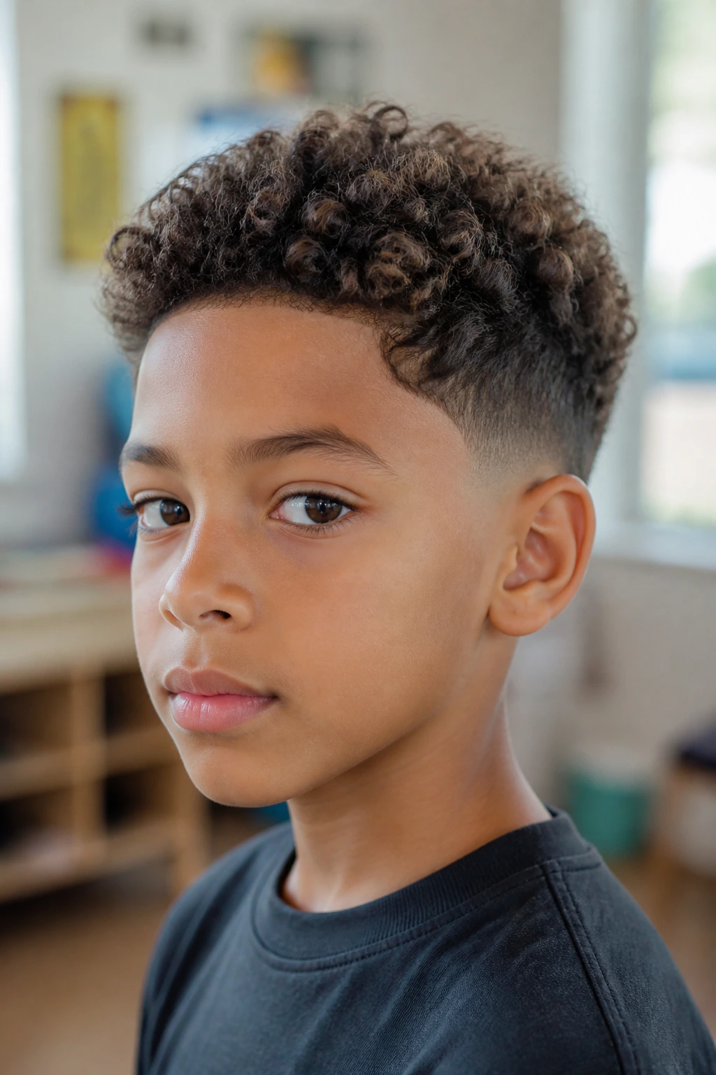 Close-up of a boy with a well-shaped short curly haircut showing clean perimeter