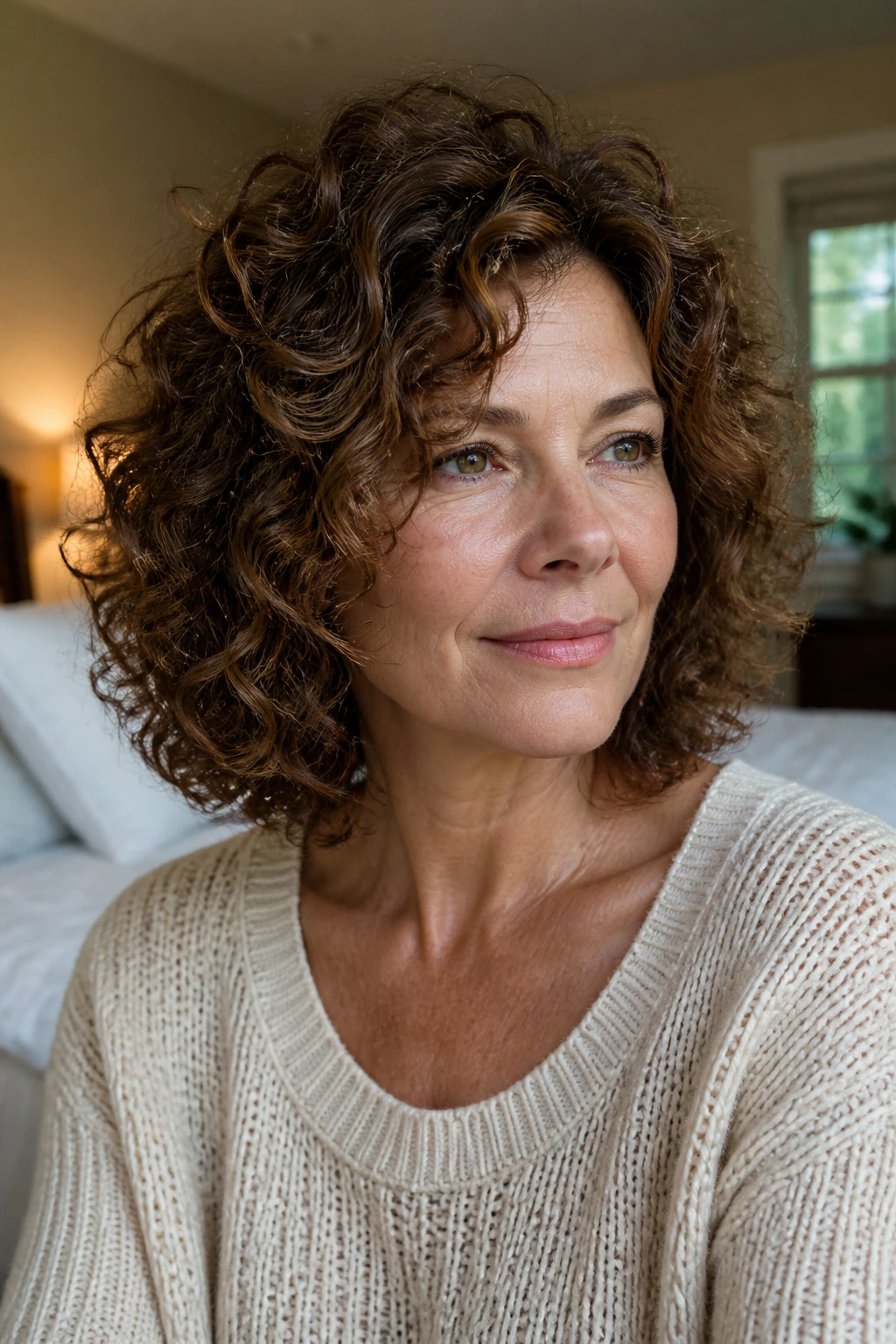 Close-up portrait of a real woman with curly lob showing shape and balance