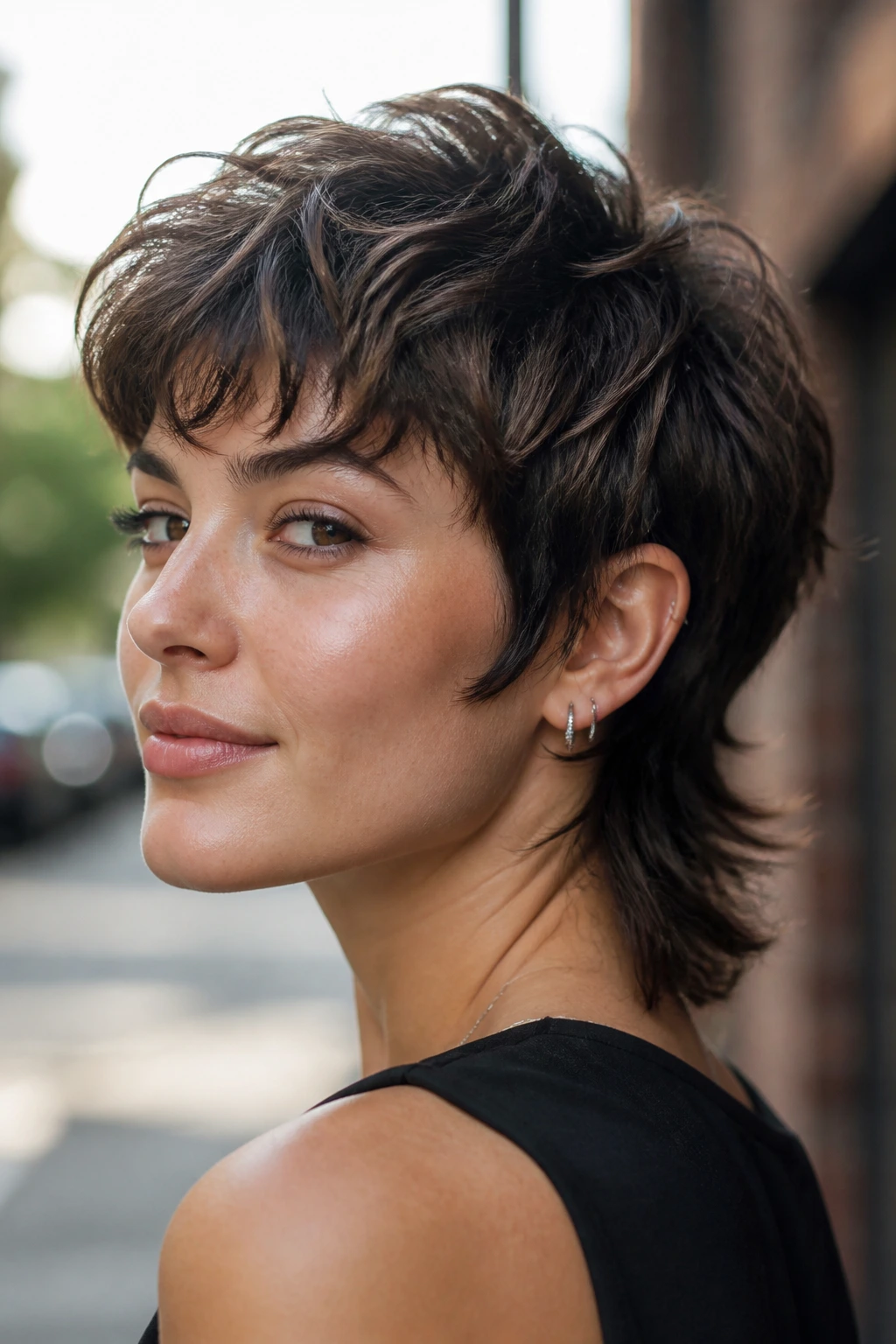 Close-up of thick-haired person with crown lifted in pixie shag mullet