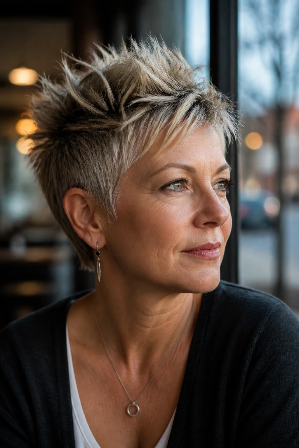 Portrait of a real woman with a short spiky haircut showing the defined shape