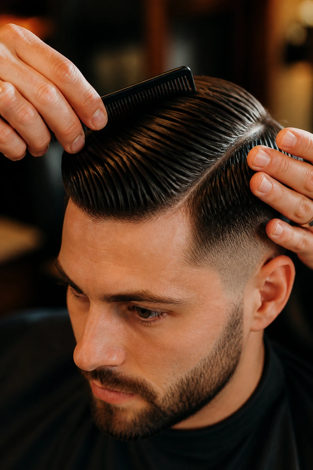 Close-up of hands shaping hair with a comb in a barbershop