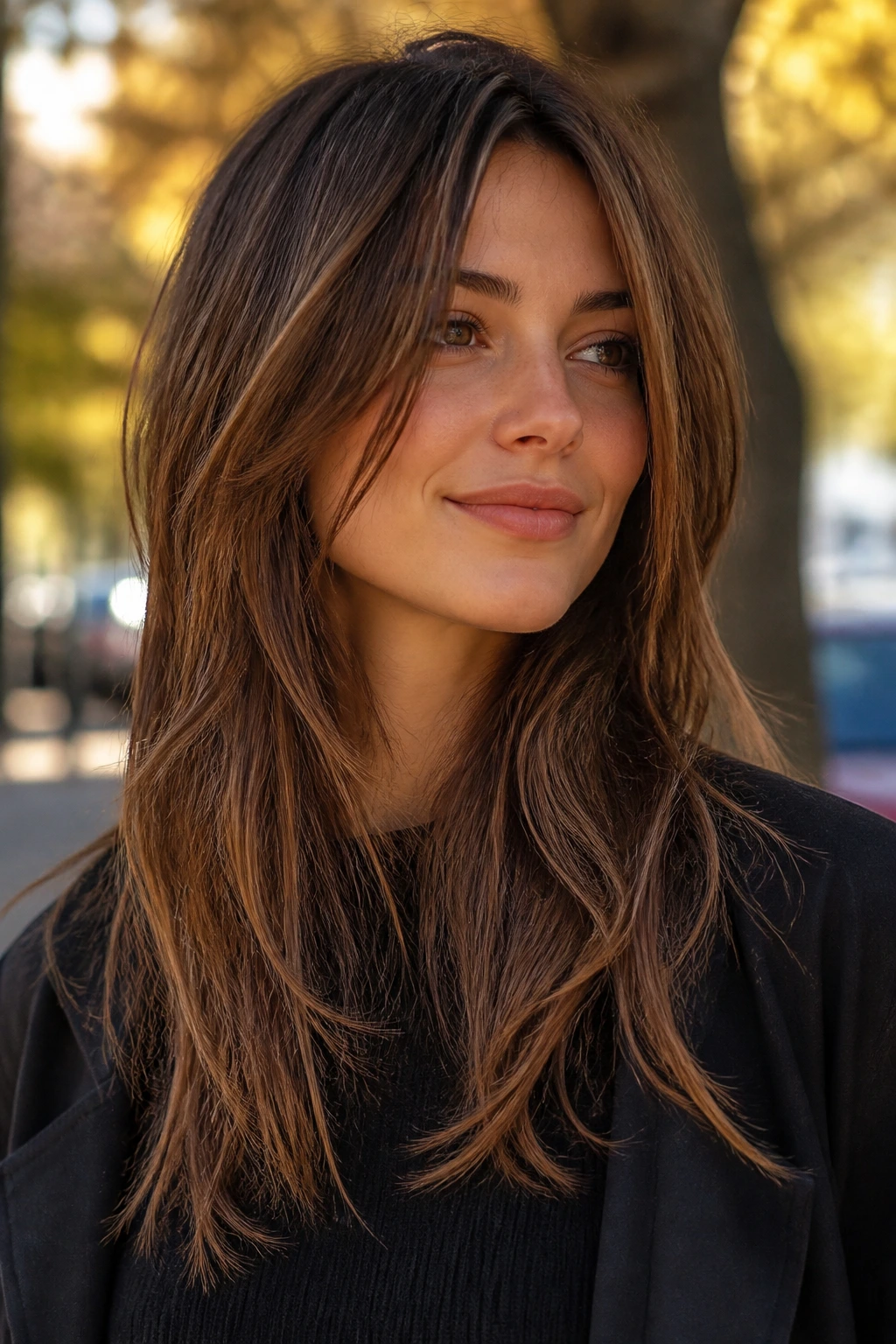 Portrait of a woman with long choppy hair that moves gracefully outdoors