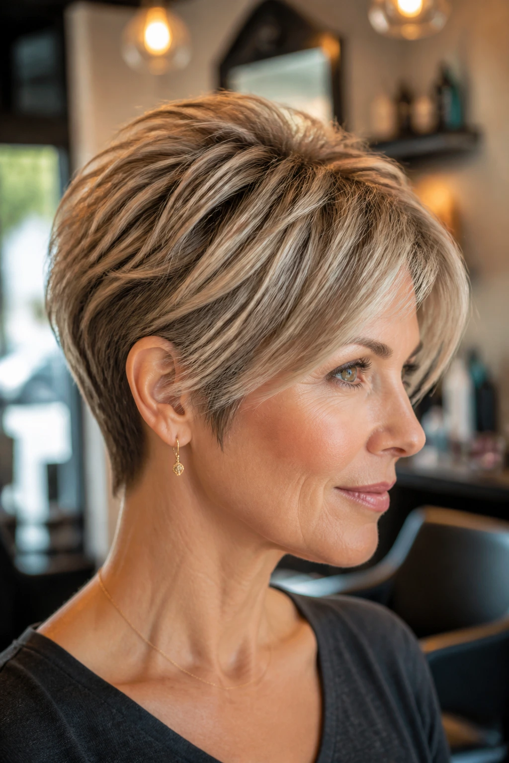 Close-up of a woman with a sharp, layered short haircut showing a defined silhouette
