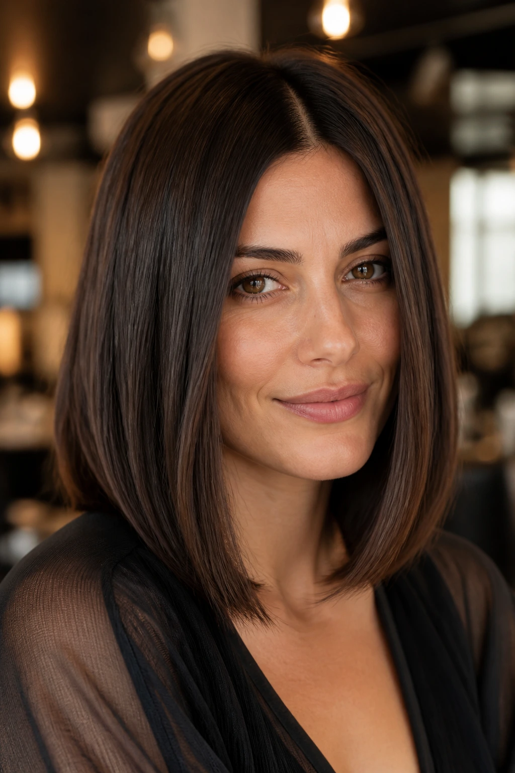 Close-up of a real woman with a precise shoulder-length straight haircut showing a defined shape