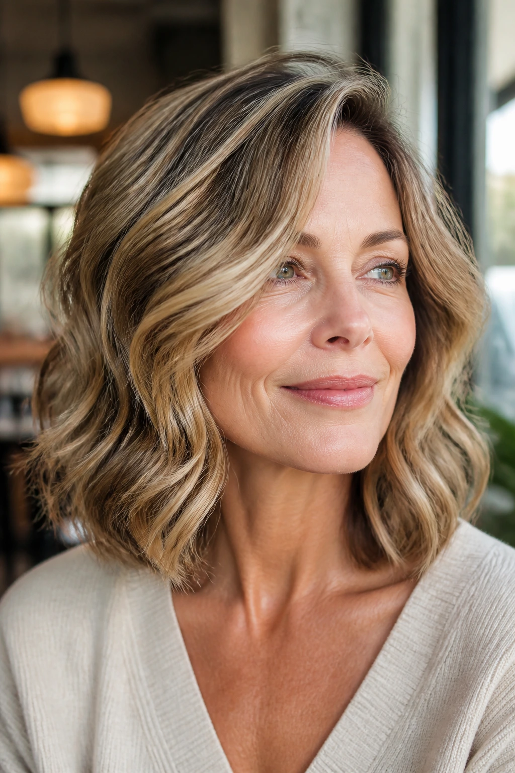 Woman with shaped shoulder-length wavy lob highlighting jawline