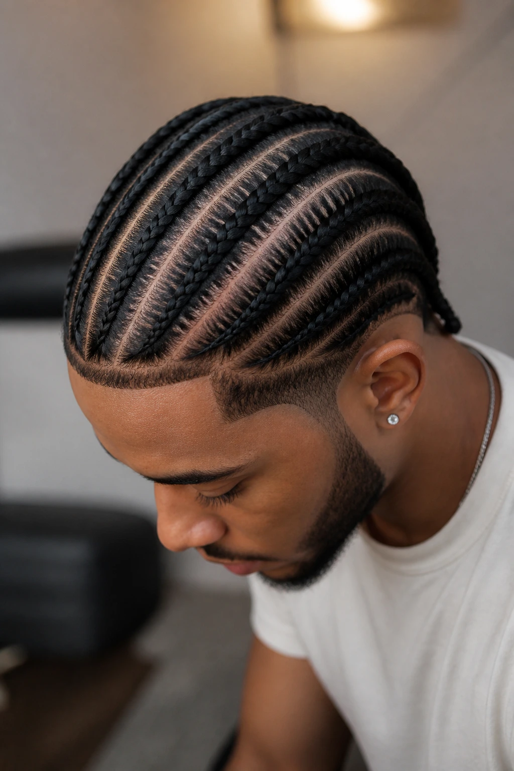 Man with crisp straight-row braid pattern showing strong hold