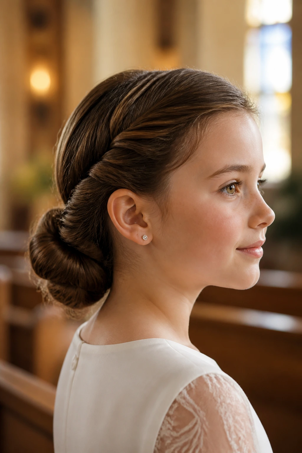 Close-up of a real child with a low bun in a church interior