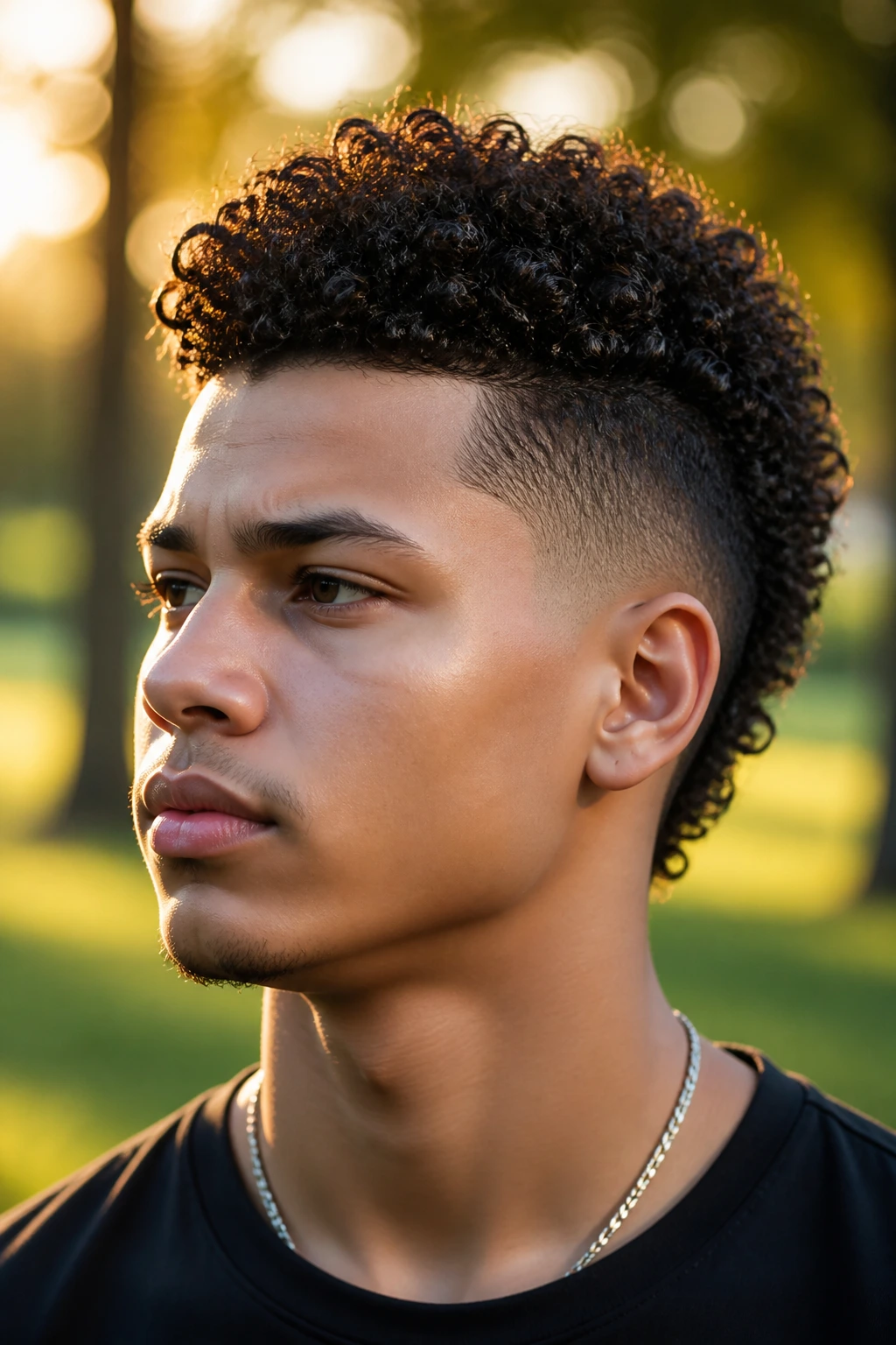 Close-up of a real person with a defined curly faux hawk at golden hour