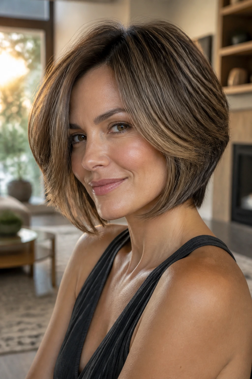 Real woman with balanced layered bob that holds shape
