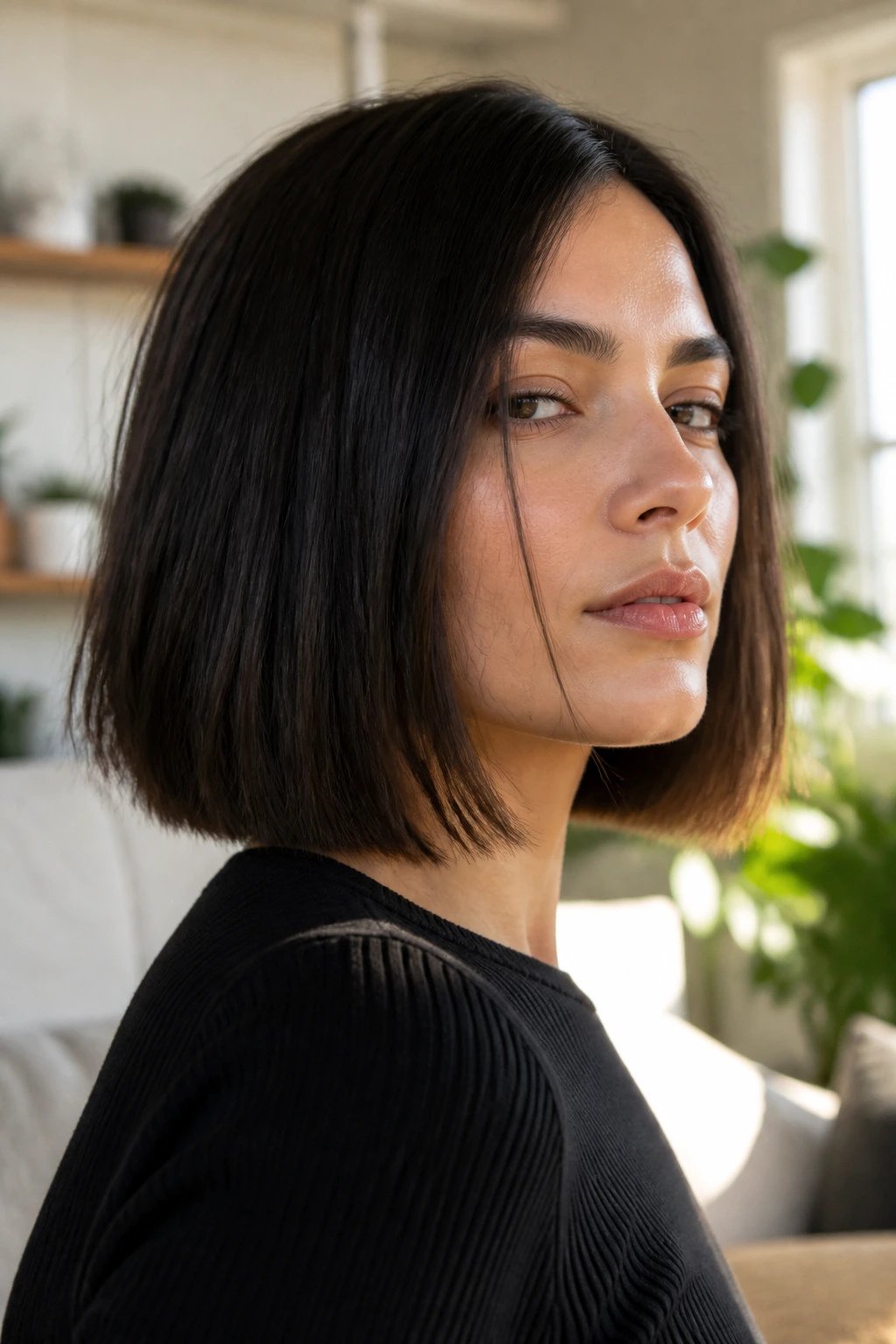 Portrait of a real woman with a structured lob showing shape in a bright home setting