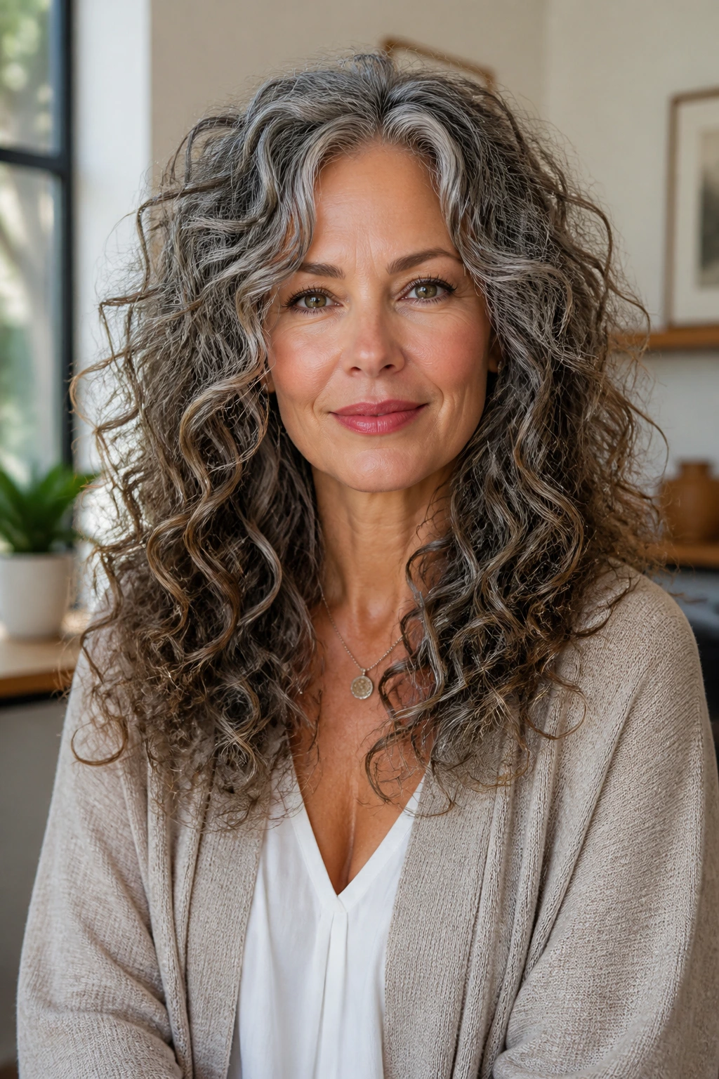 Real woman with layered curly hair showing crown volume and silhouette