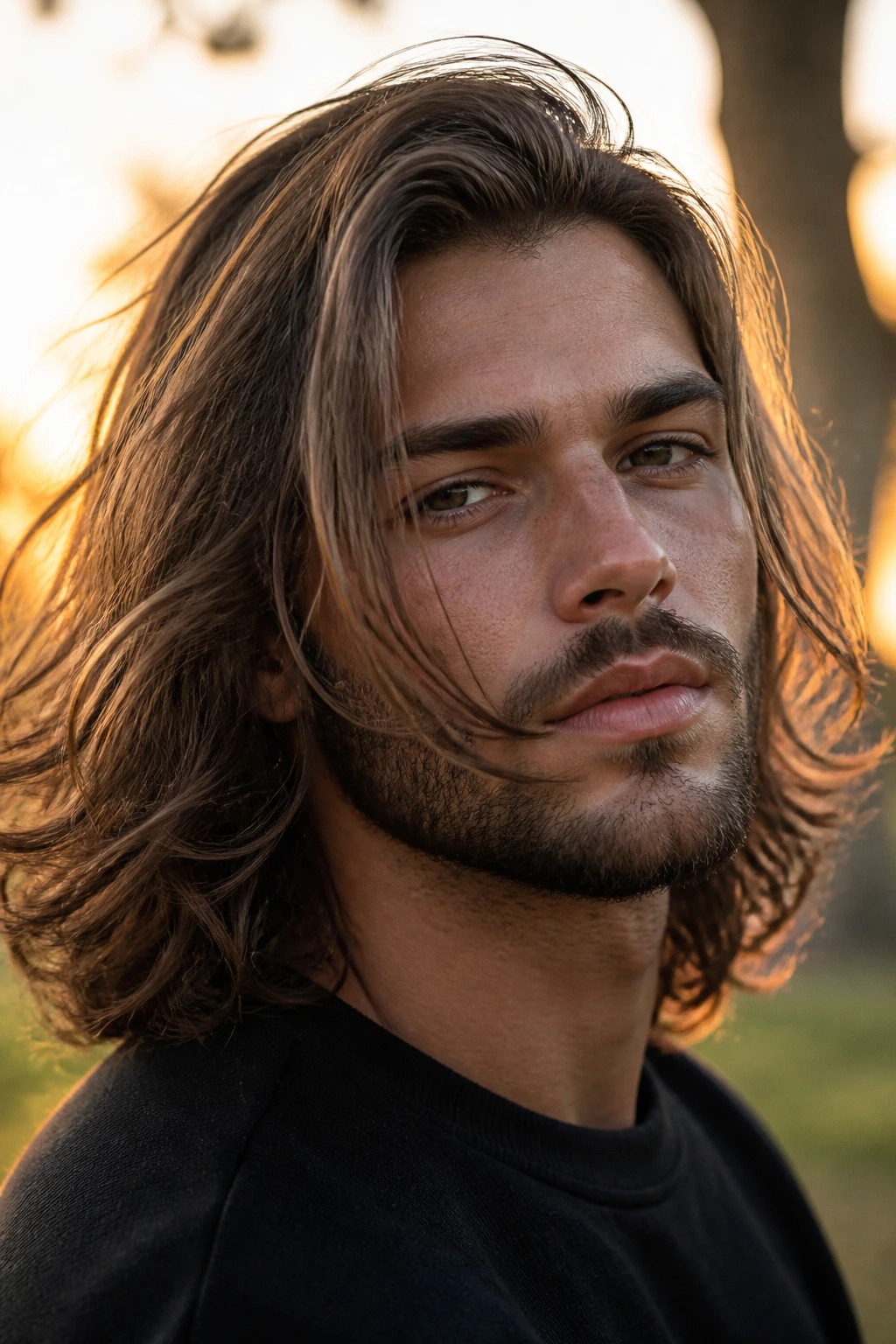 Portrait of a man with long hair shaping his facial features outdoors at sunset