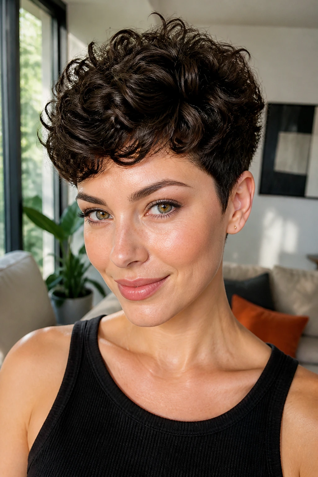 Close-up of real person with short curly cut lifting the crown, living room window light