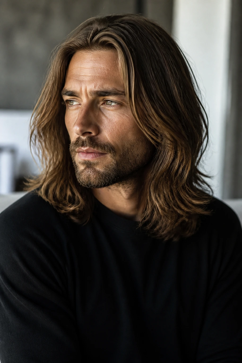 Portrait highlighting the shape of long hair on a man
