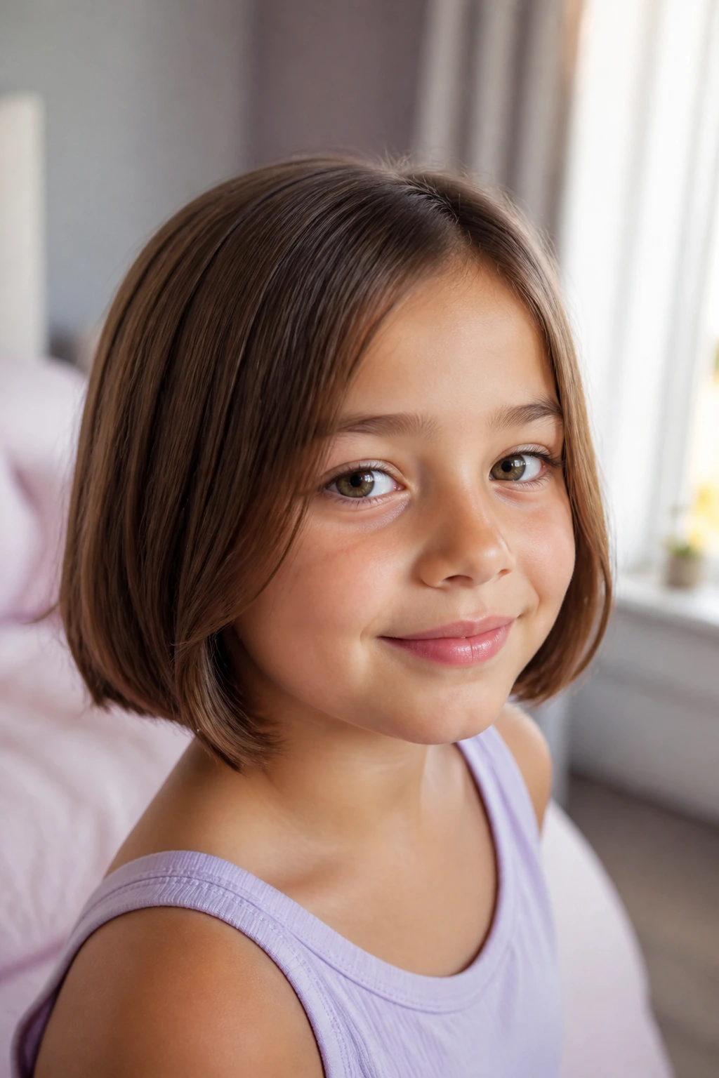 Portrait of a girl with a chin-length bob in a cozy room showing crisp shape.