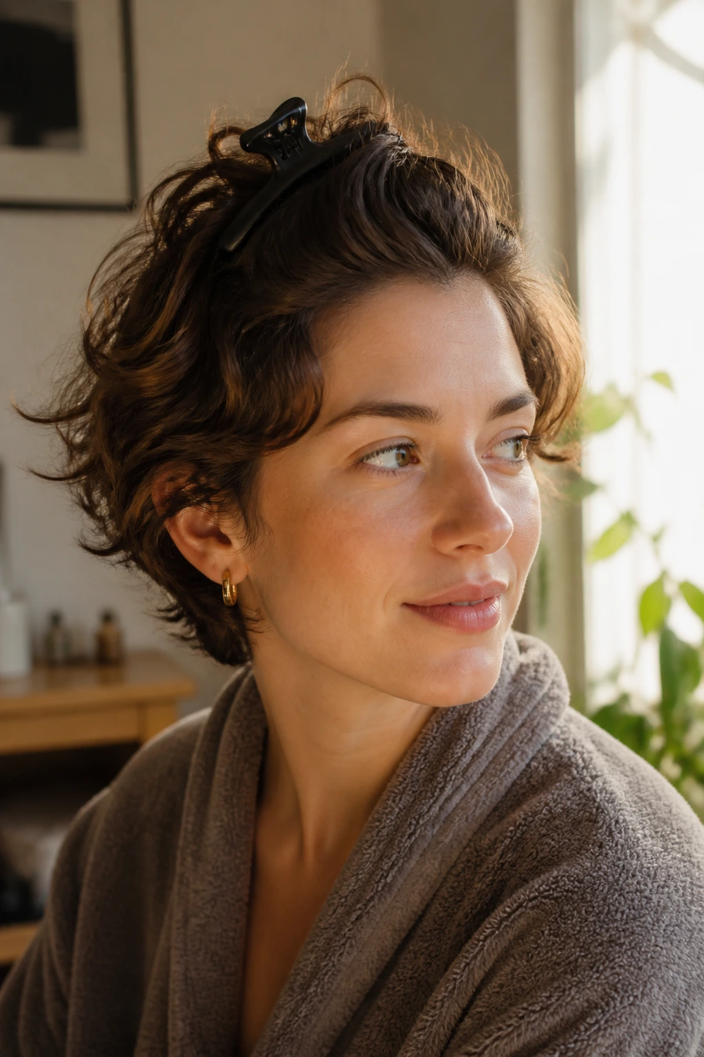 Portrait of a real person with short thick waves pinned at the crown in a home setting