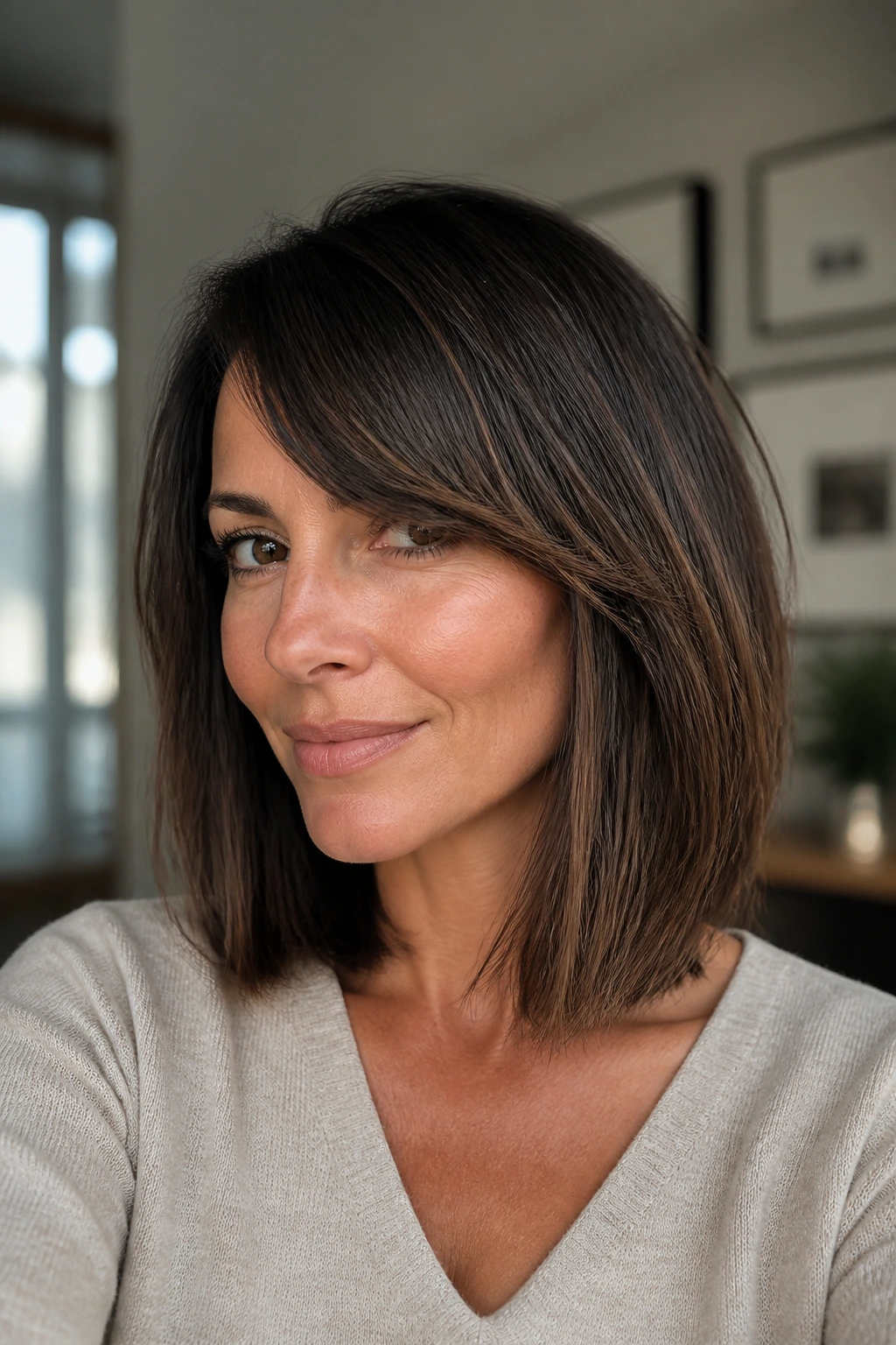 Close-up of a woman with a neat lob and side bangs demonstrating shape maintenance.