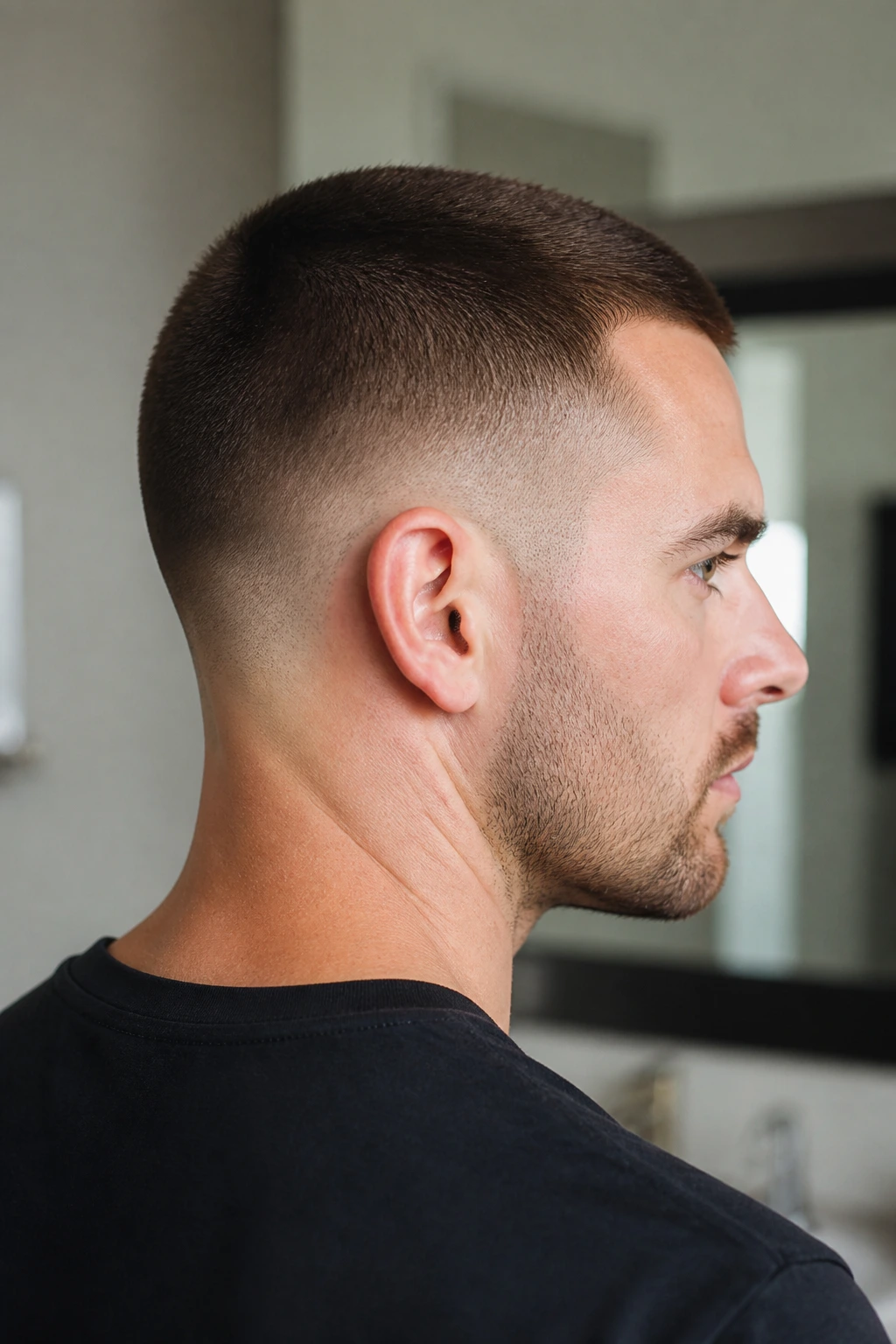 Real man with neat crew cut and clean neckline maintaining shape at home setting