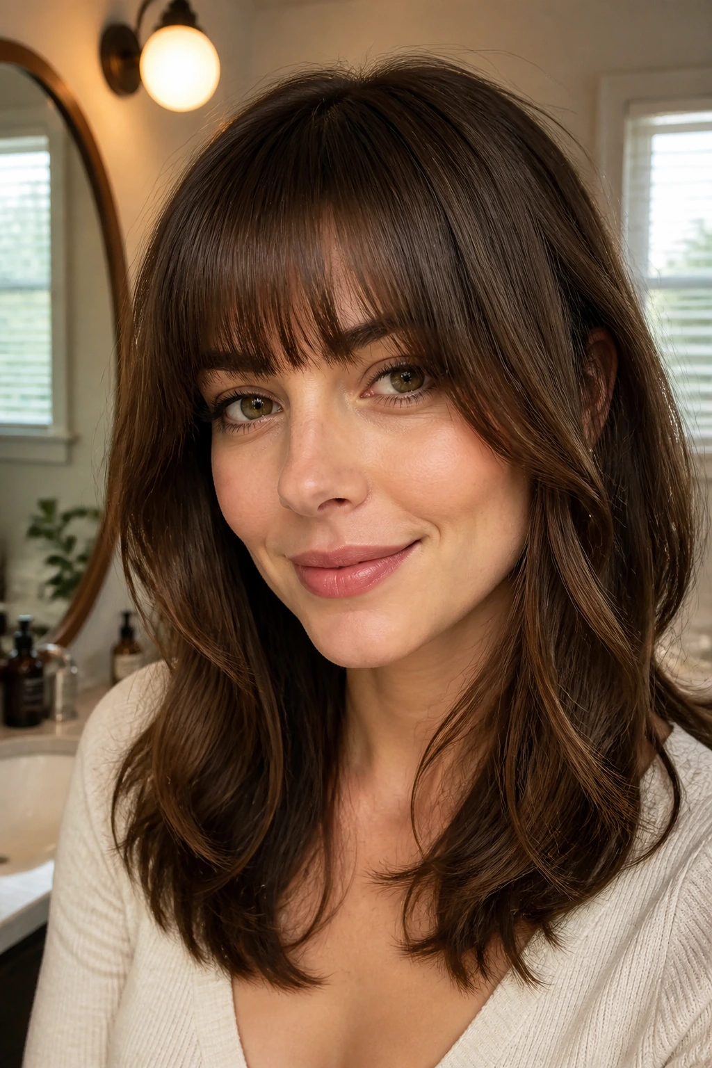 Close-up of a woman with eyebrow-length bangs and front layers maintaining heart-shaped-face shape
