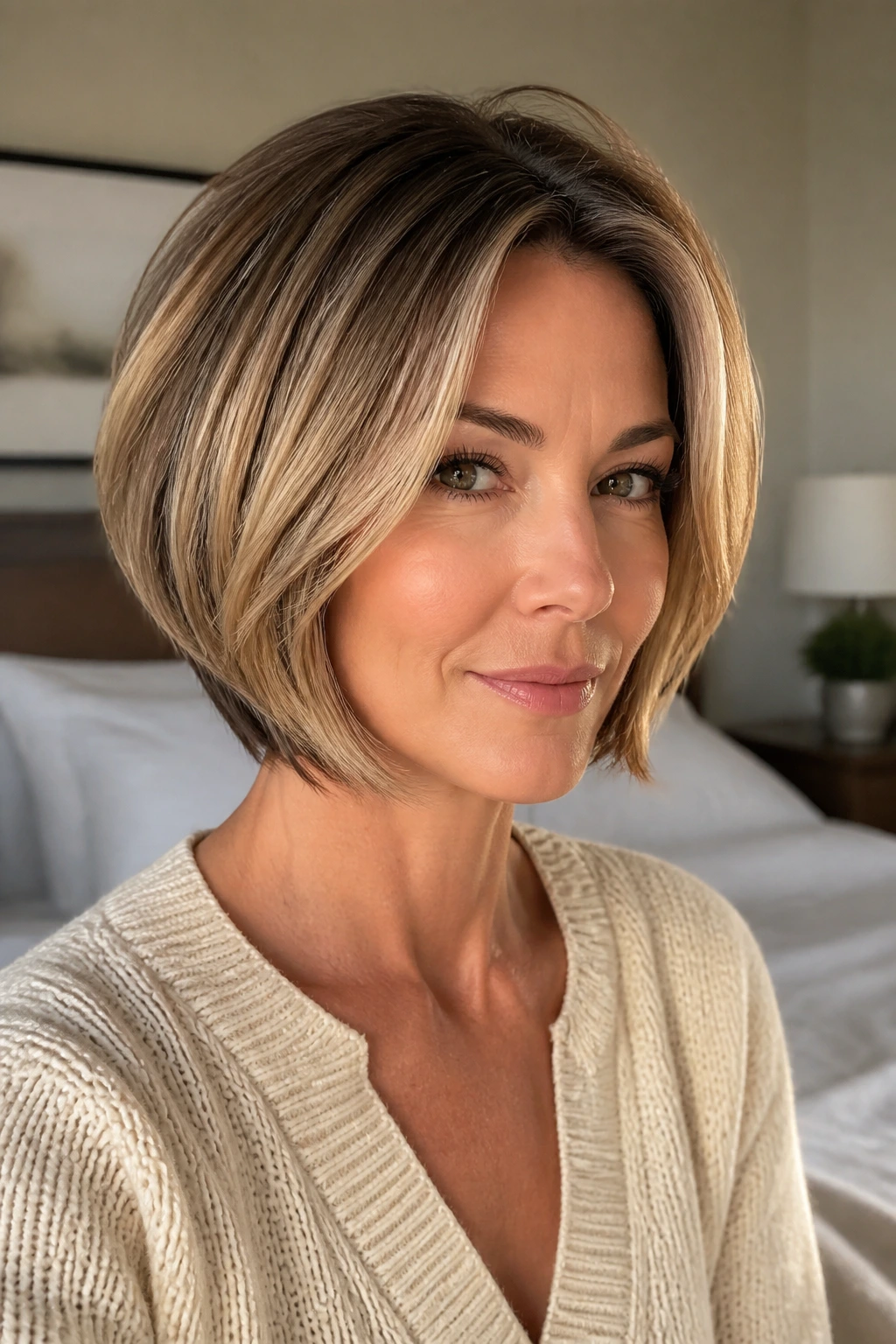 Close-up of real woman's layered bob maintaining shape