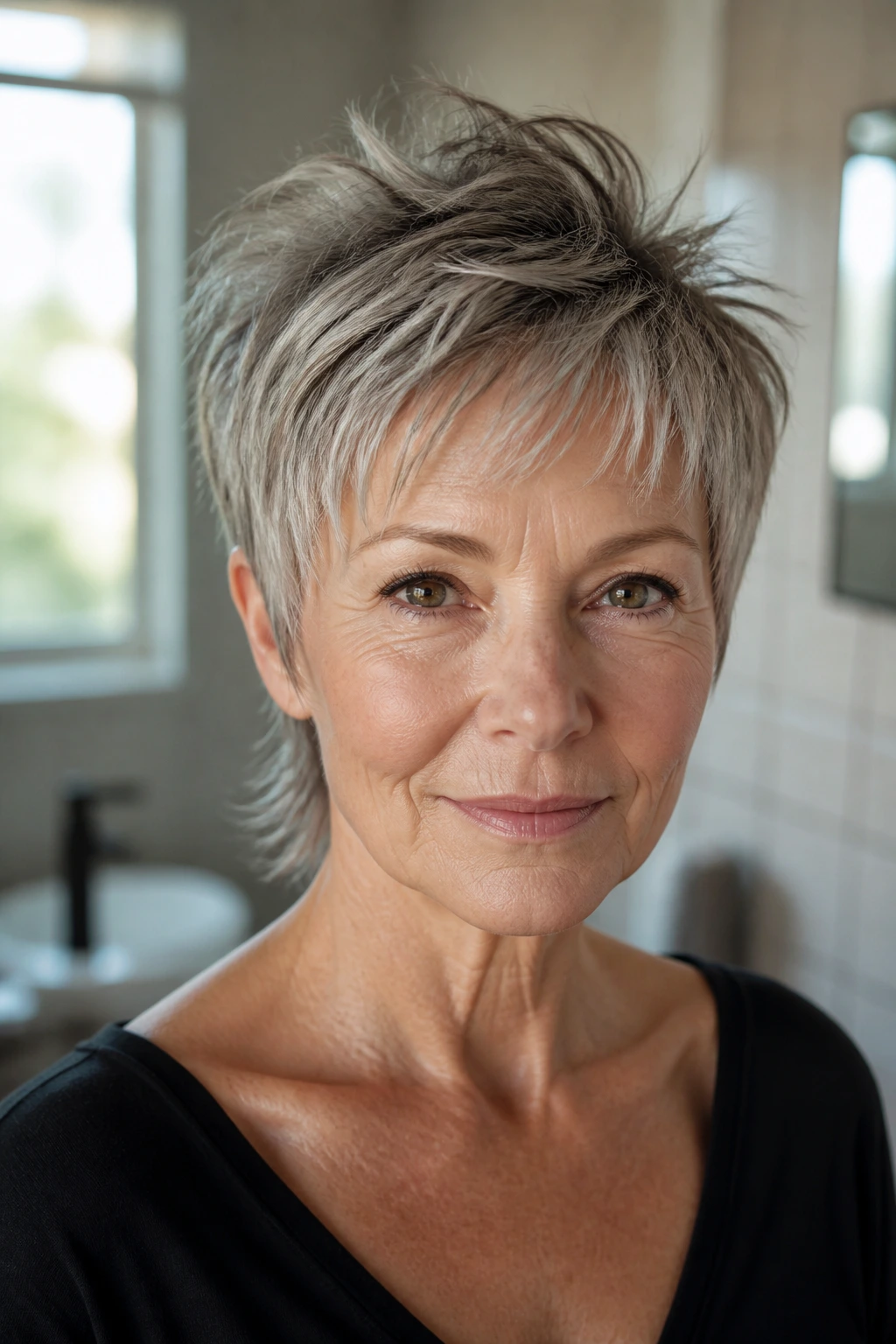 Close-up of an older woman with a pixie mullet maintaining a crisp crown and nape shape