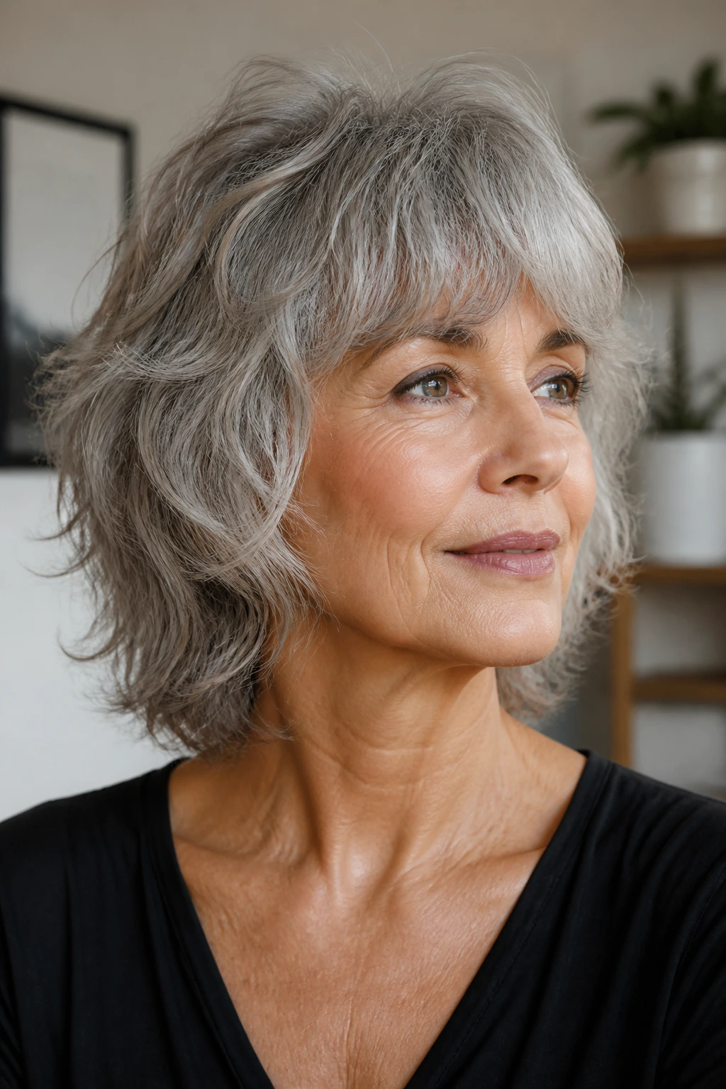 Close-up portrait of a real woman with gray shag maintaining shape between visits