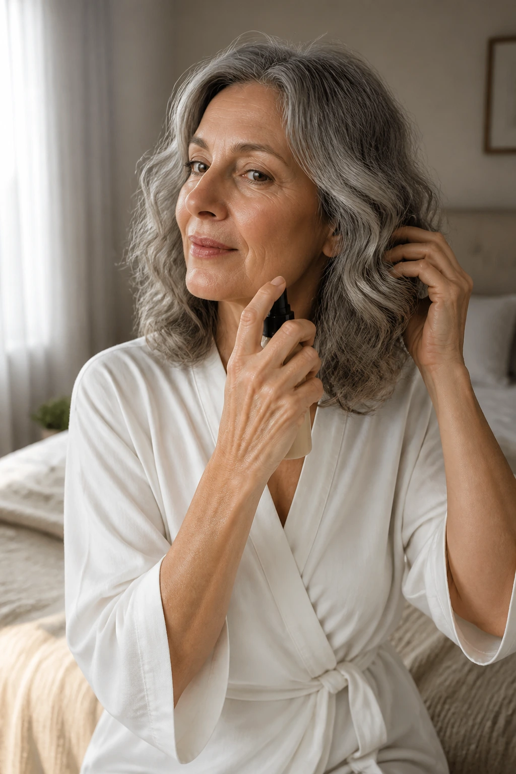 Older woman applying leave-in mist to wavy front hair at home