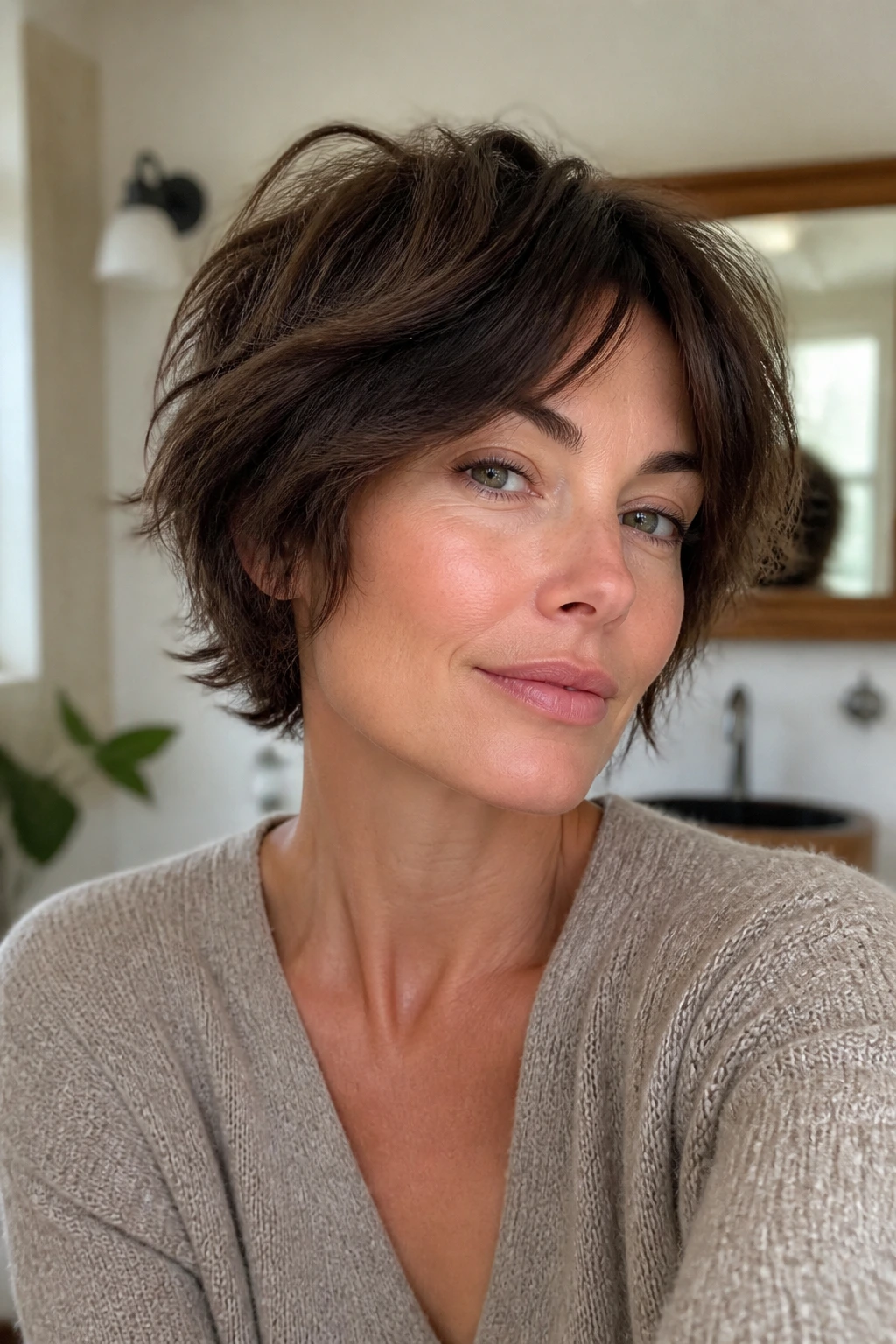 Portrait of person with neatly maintained short shag in a cozy bathroom