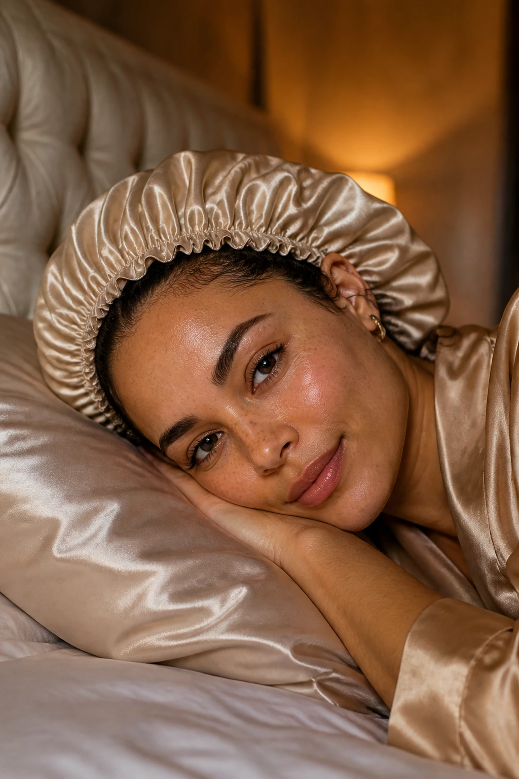 Person in bedroom wearing satin bonnet to maintain curl shape