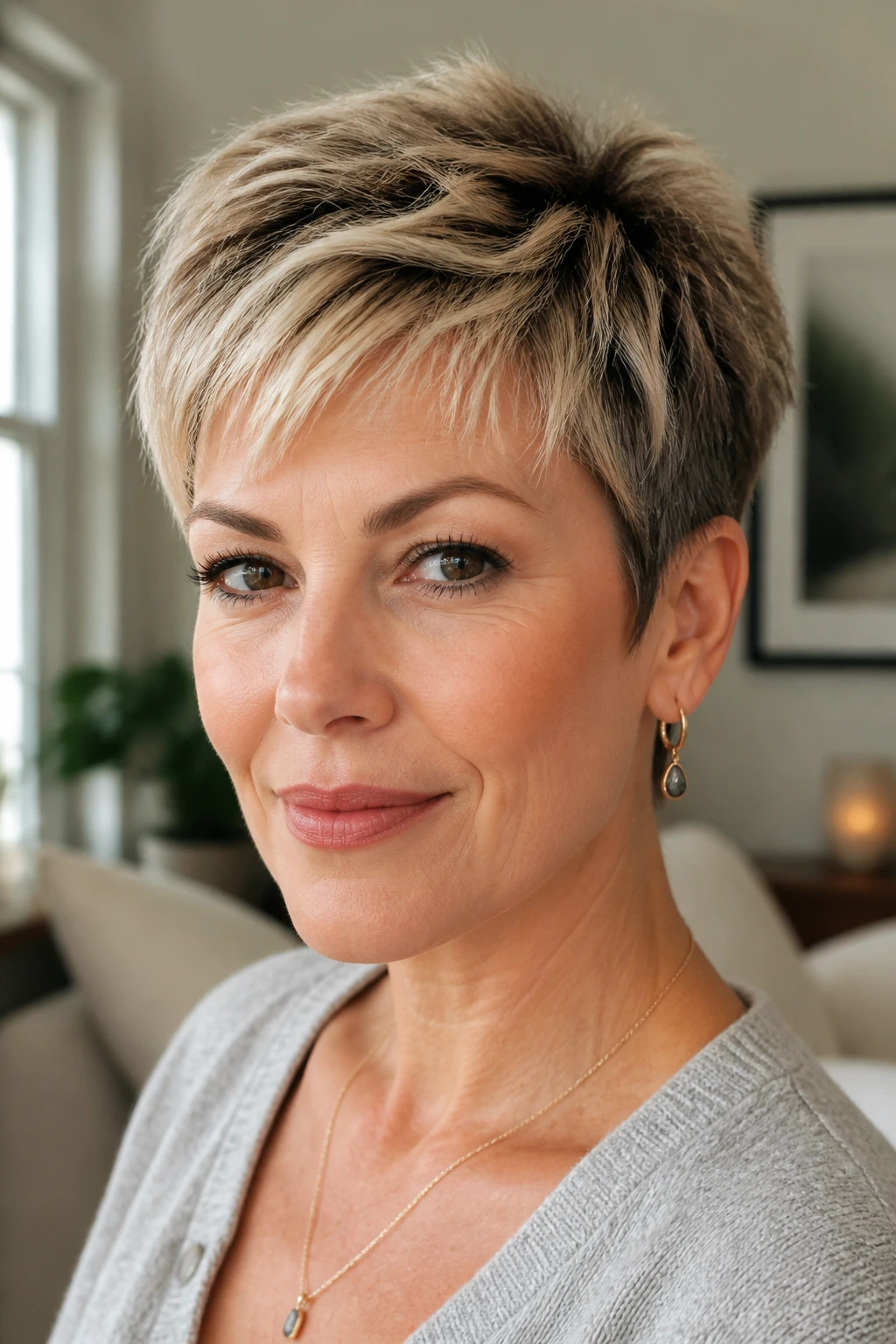 Close-up of a real woman's pixie/bixie haircut with crisp outline