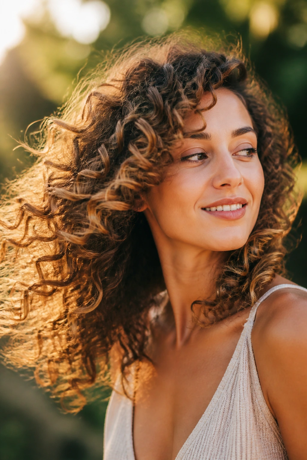 Outdoor portrait of a woman with moving curly layers in golden hour light