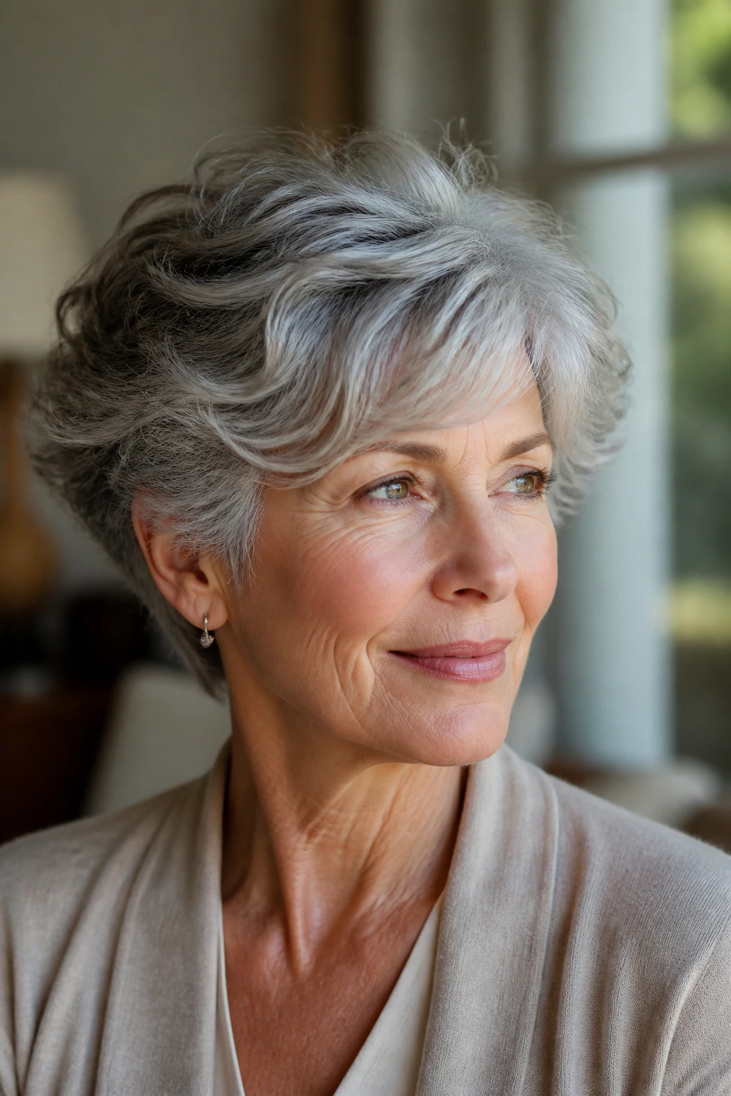 Older woman with a moving, airy short wavy haircut