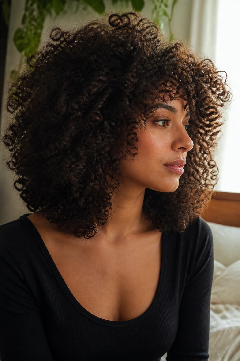 Close-up of thick curly hair shape on a real person emphasizing crown and perimeter