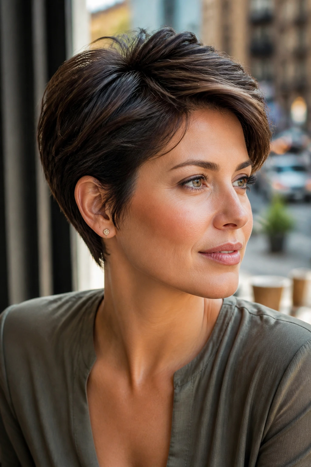 Portrait of a real woman with a versatile long pixie cut highlighting shape and texture
