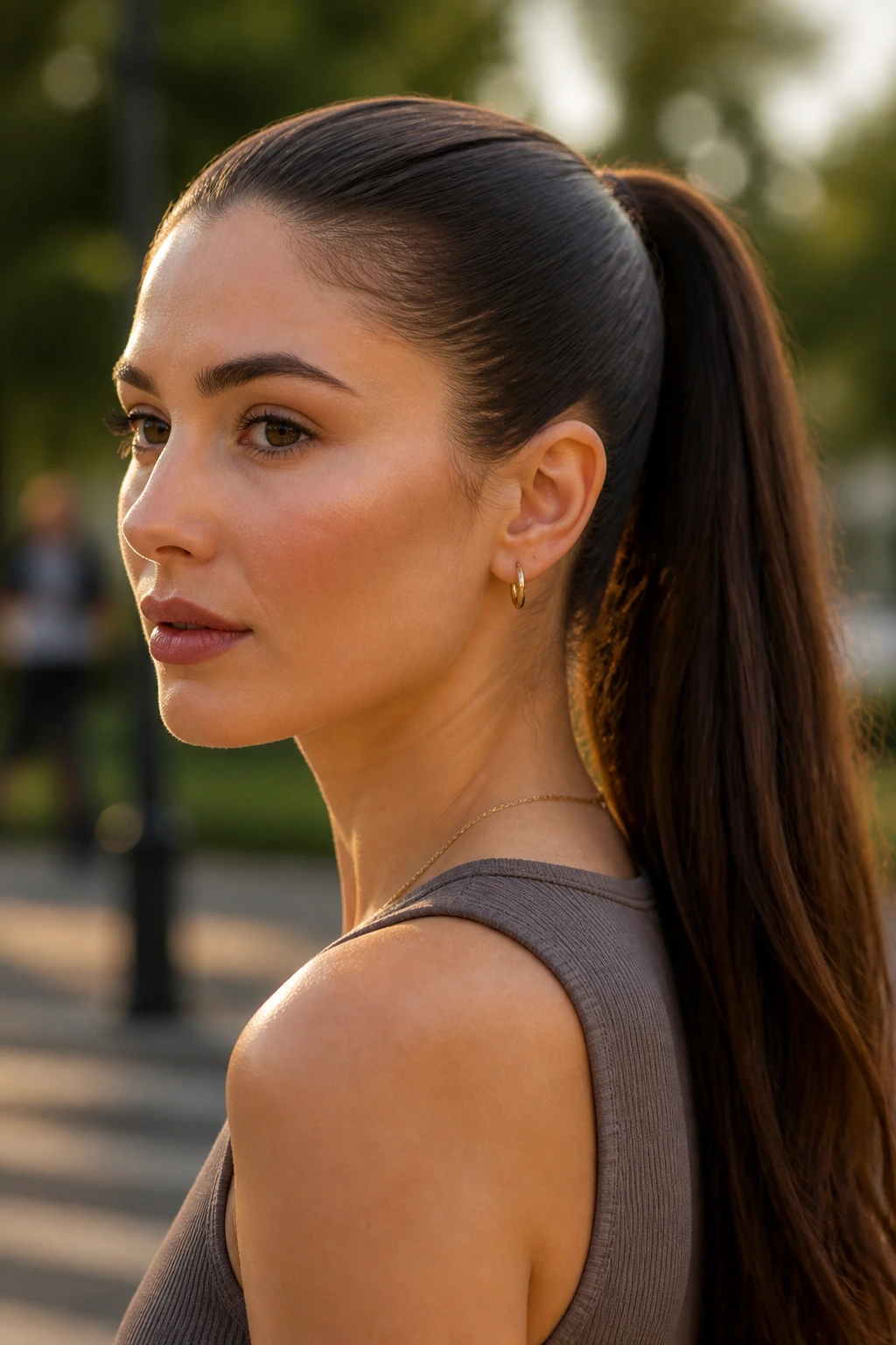 Real woman with a sleek, structured ponytail in golden hour light