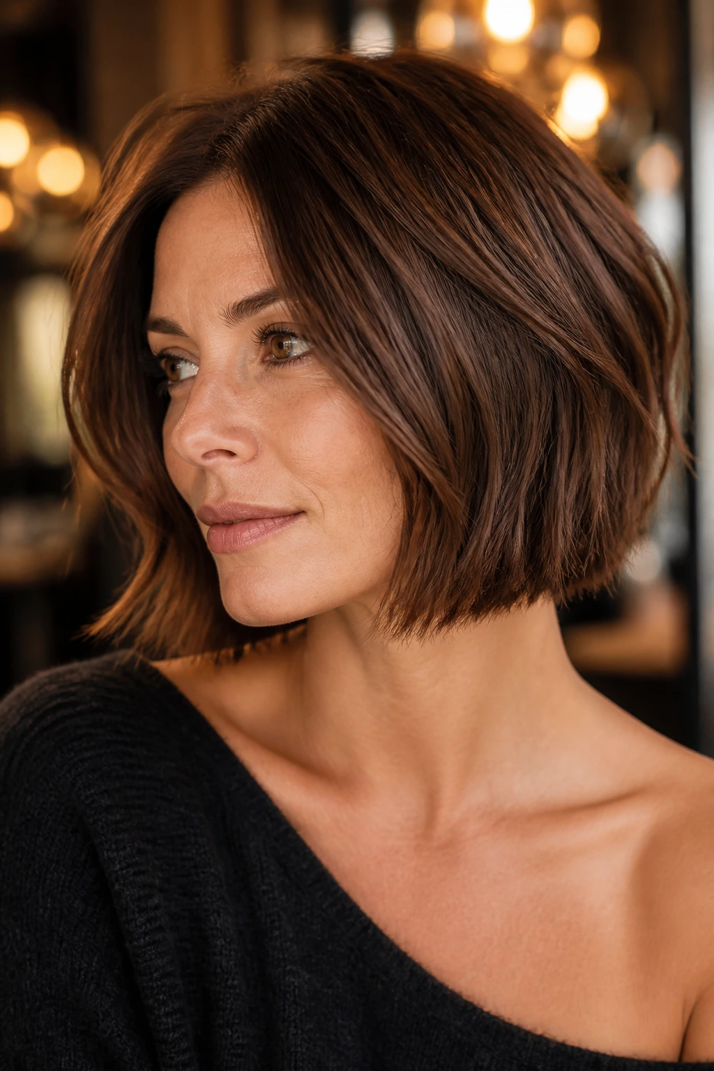 Close-up portrait of a real woman with brown textured bob showing crisp shape