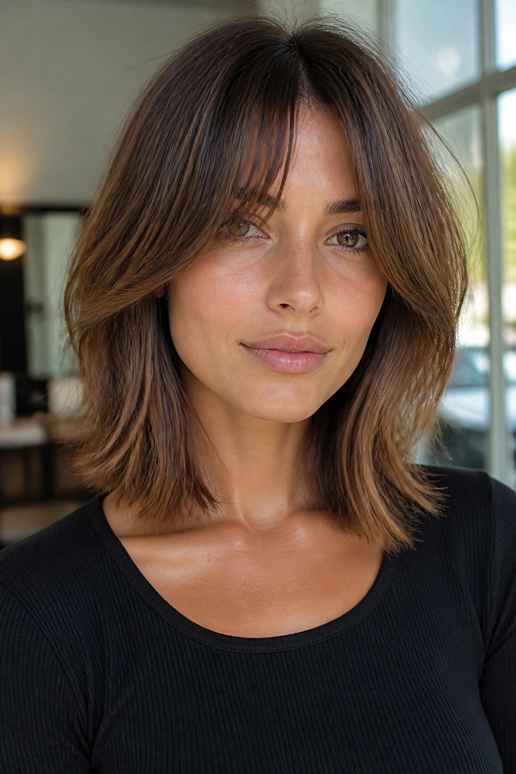 Close-up of a person with a balanced middle-part fringe and collarbone-length cut in daylight