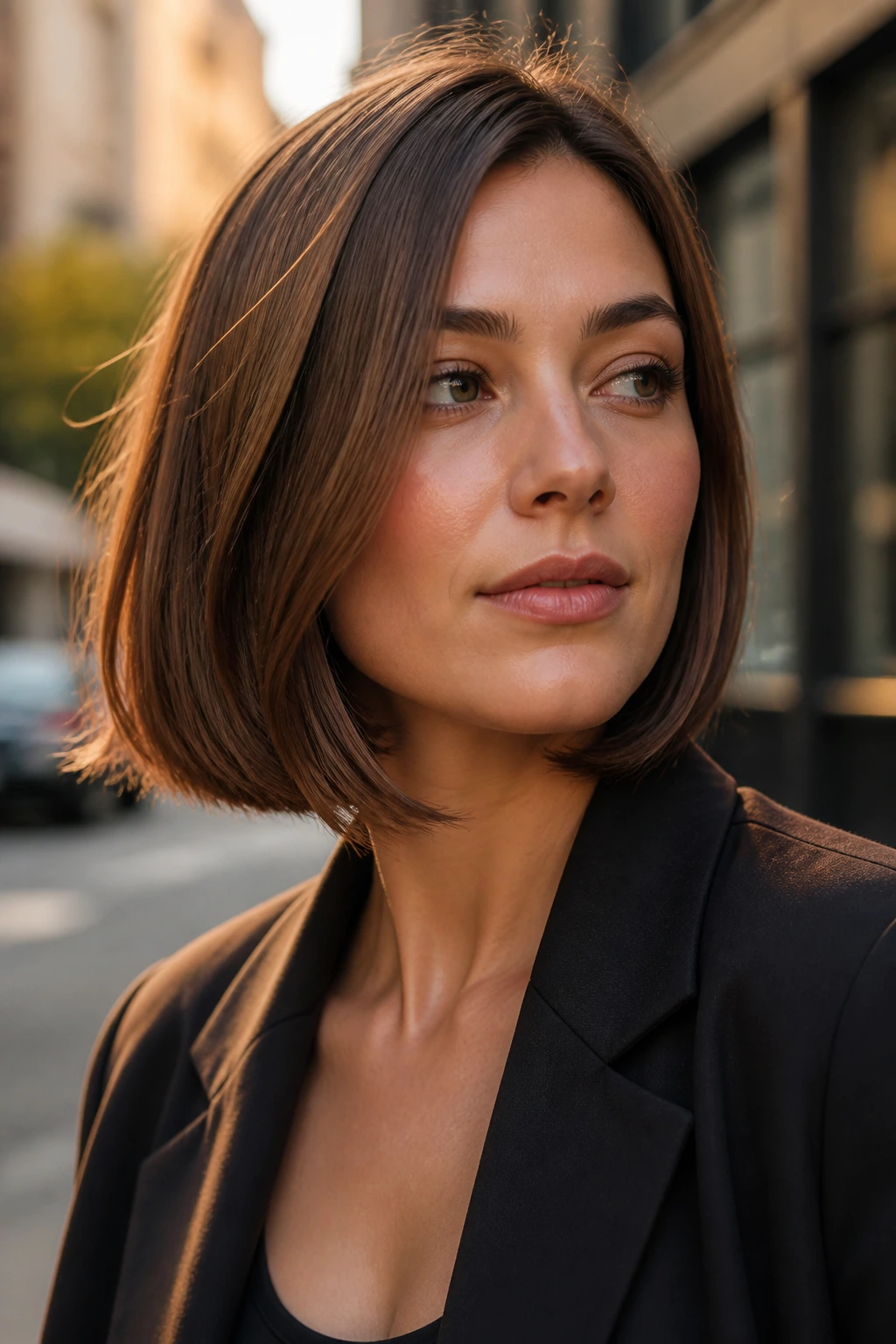 Portrait of a woman with a shape-preserving lob in golden-hour light